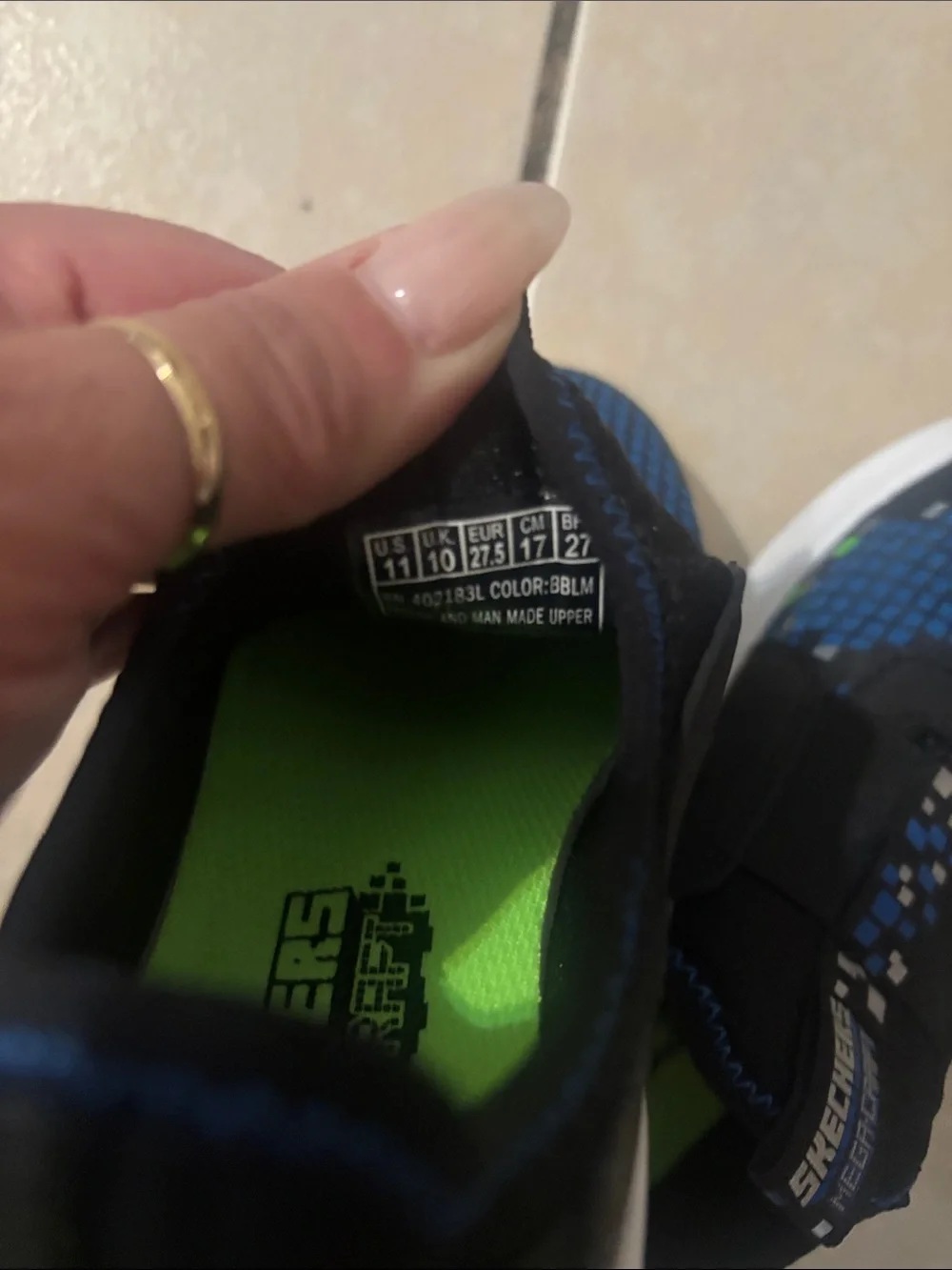 Skechers Navy Blue and Black Slip-On Kids Sneakers with Green Accents